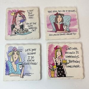 Set of 4 tumbled tile coasters with humorous sayings and illustrations byEmerson